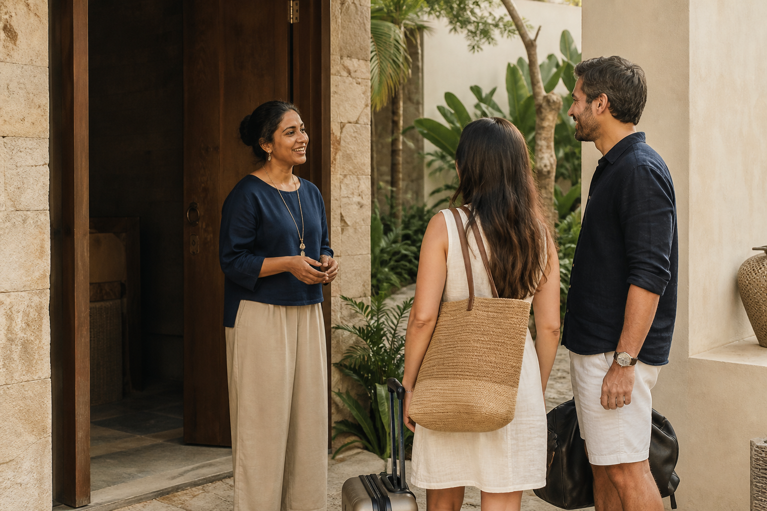 Host welcoming guests to a boutique vacation rental