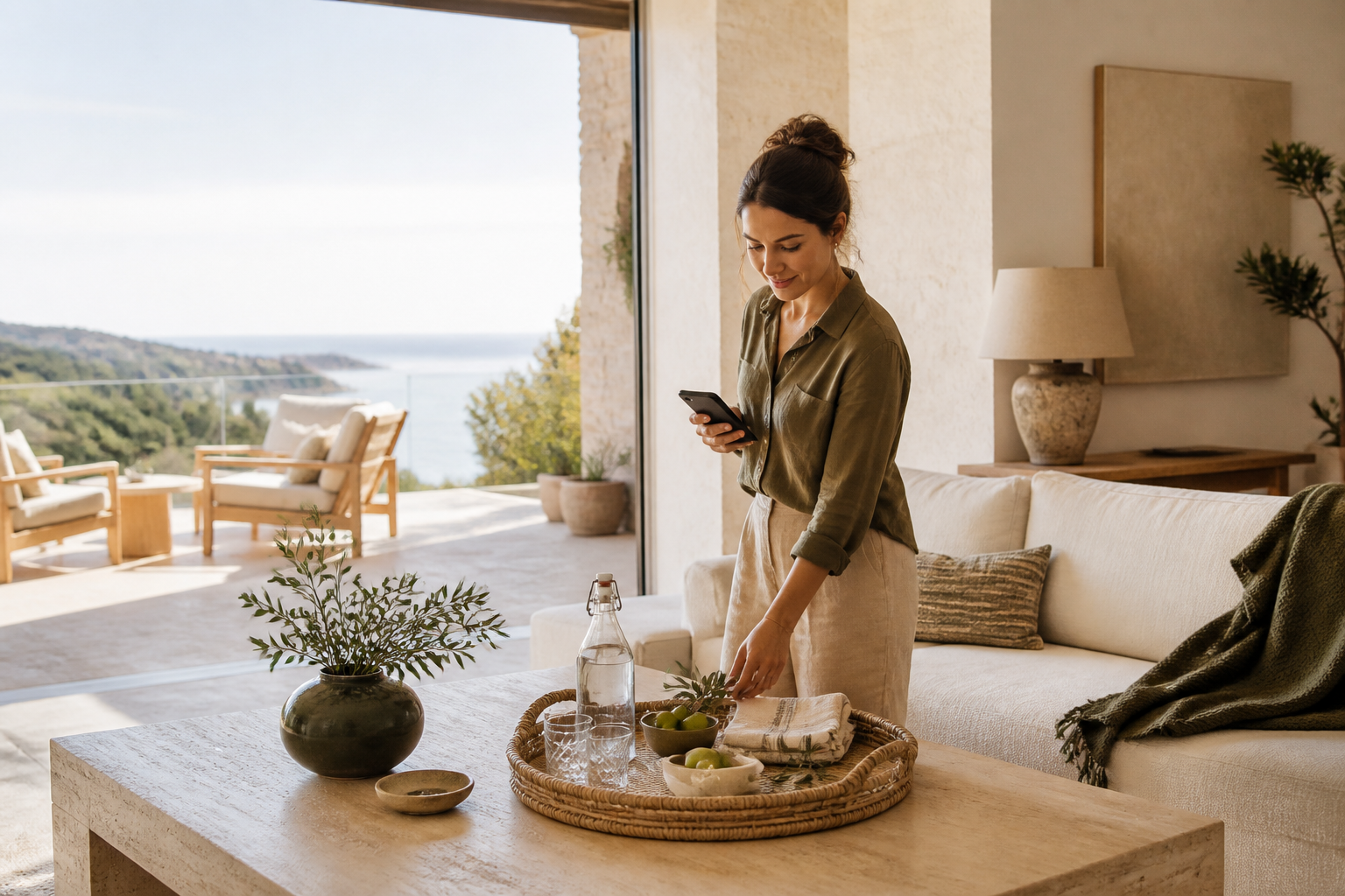 Hospitality host preparing a guest welcome in a coastal villa