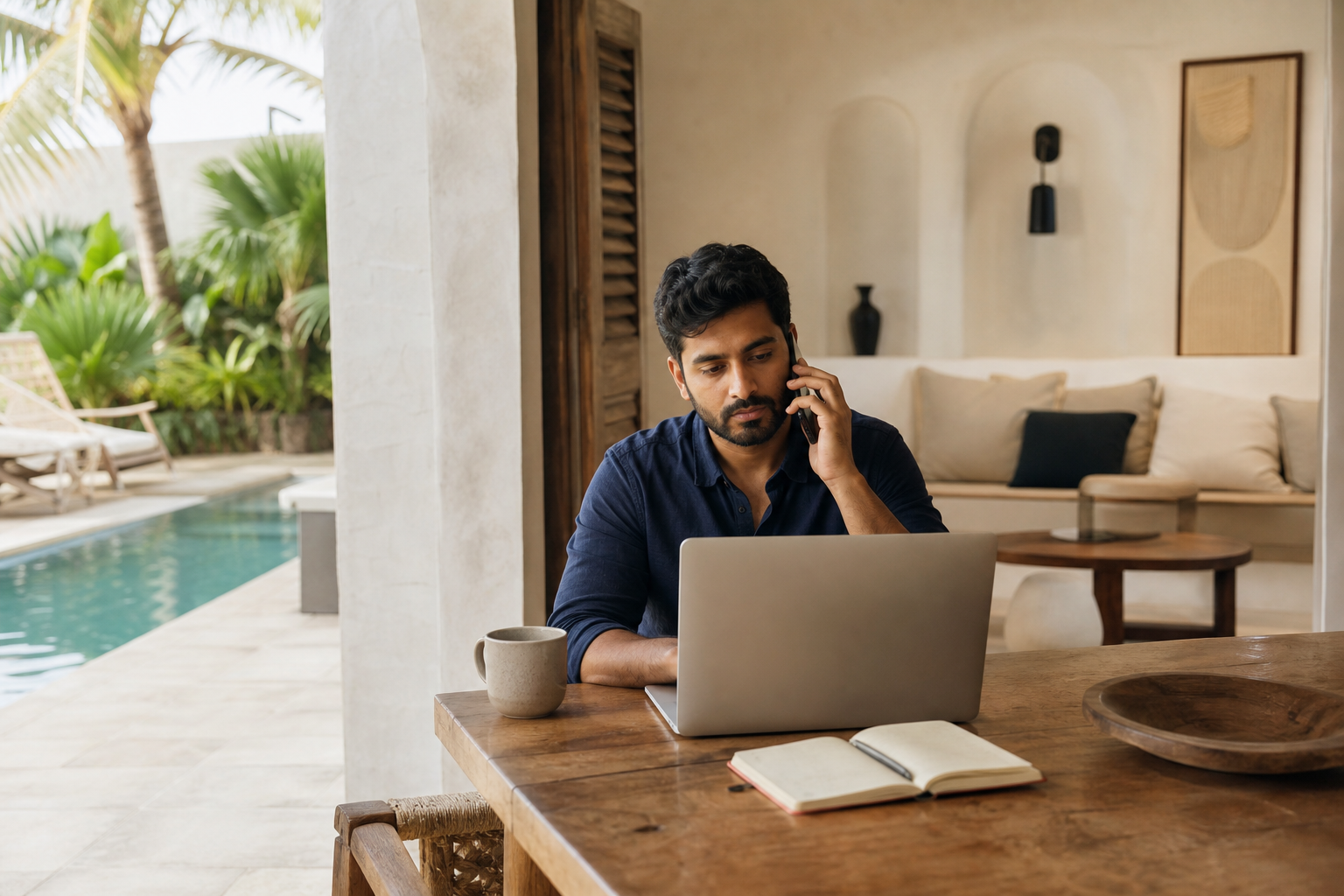 Vacation rental operator coordinating a stay from a villa